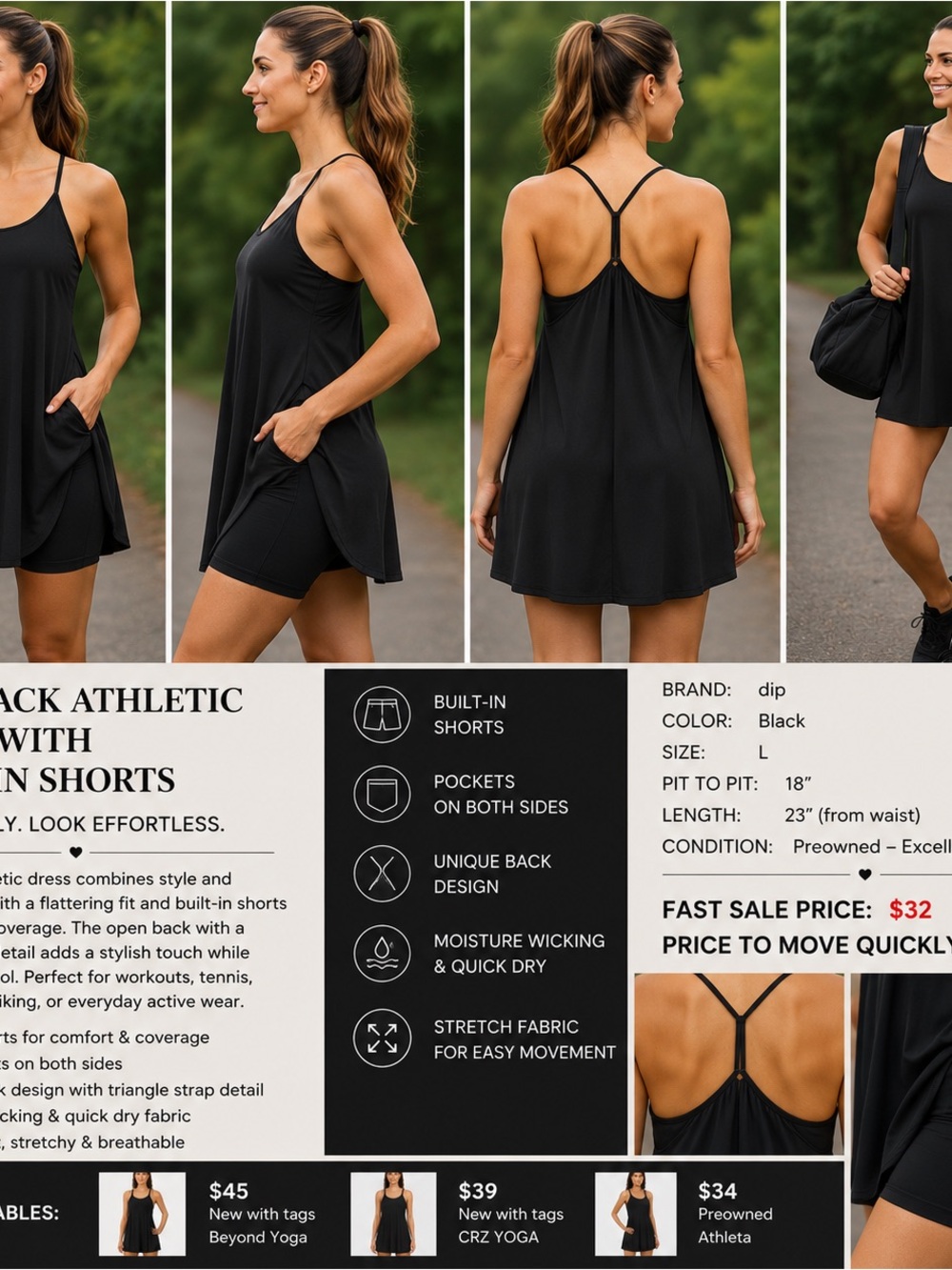DIP Black Athletic Dress Built-In Shorts Crisscross Back Size Large NWOT